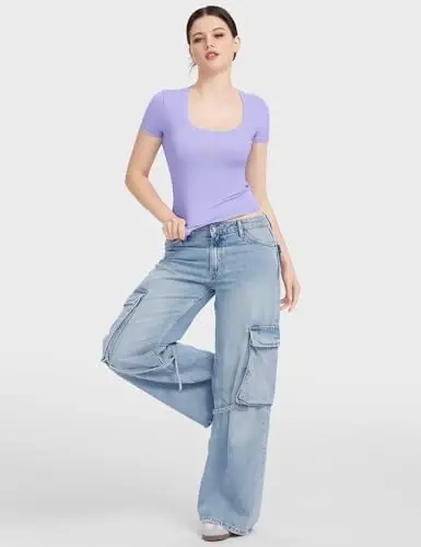 PUMIEY Women's T Shirts Short Sleeve Scoop Neck Basic Going Out Tops Fashion Slim Fit Tee Smoke Cloud Pro Collection - 5