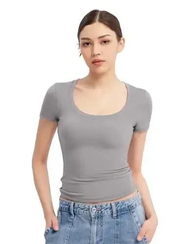 PUMIEY Women's Scoop Neck Short Sleeve T Shirt Slim Fit Sexy Tops Smoke Cloud Collection - 6