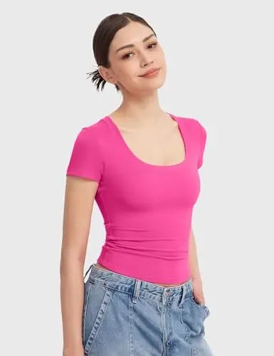 PUMIEY Women's Scoop Neck Short Sleeve T Shirt Slim Fit Sexy Tops Smoke Cloud Collection - 2
