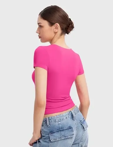 PUMIEY Women's Scoop Neck Short Sleeve T Shirt Slim Fit Sexy Tops Smoke Cloud Collection - 3