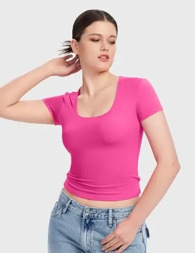 PUMIEY Women's Scoop Neck Short Sleeve T Shirt Slim Fit Sexy Tops Smoke Cloud Collection - 4
