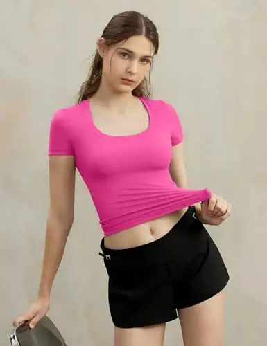 PUMIEY Women's Scoop Neck Short Sleeve T Shirt Slim Fit Sexy Tops Smoke Cloud Collection - 5