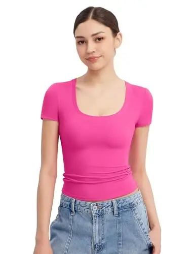 PUMIEY Women's Scoop Neck Short Sleeve T Shirt Slim Fit Sexy Tops Smoke Cloud Collection - 6