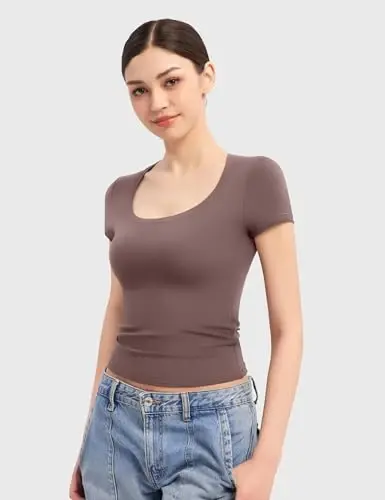 PUMIEY Women's Scoop Neck Short Sleeve T Shirt Slim Fit Sexy Tops Smoke Cloud Collection - 2