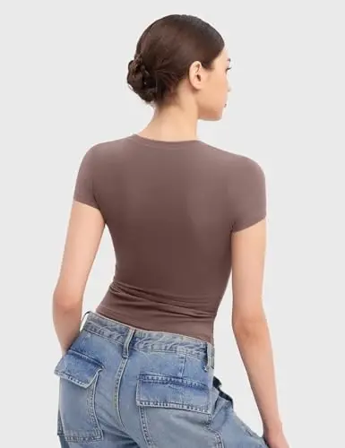 PUMIEY Women's Scoop Neck Short Sleeve T Shirt Slim Fit Sexy Tops Smoke Cloud Collection - 3