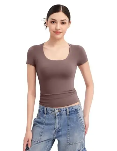 PUMIEY Women's Scoop Neck Short Sleeve T Shirt Slim Fit Sexy Tops Smoke Cloud Collection - 6