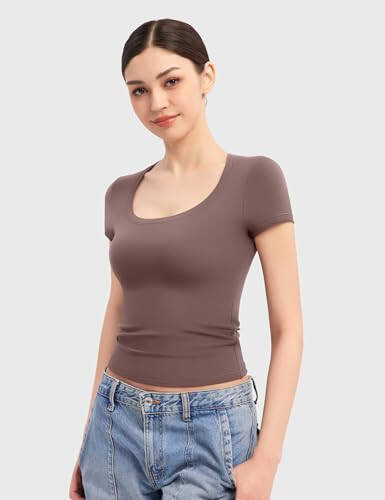 PUMIEY Women's T Shirts Short Sleeve Scoop Neck Basic Going Out Tops Fashion Slim Fit Tee Smoke Cloud Pro Collection - 3