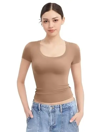 PUMIEY Women's T Shirts Short Sleeve Scoop Neck Basic Going Out Tops Fashion Slim Fit Tee Smoke Cloud Pro Collection - 6