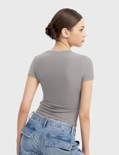 PUMIEY Women's T Shirts Short Sleeve Scoop Neck Basic Going Out Tops Fashion Slim Fit Tee Smoke Cloud Pro Collection - 3