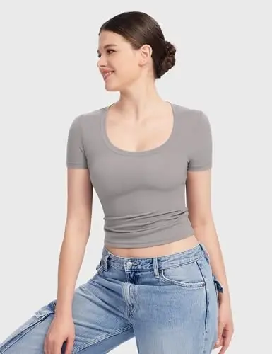 PUMIEY Women's T Shirts Short Sleeve Scoop Neck Basic Going Out Tops Fashion Slim Fit Tee Smoke Cloud Pro Collection - 4