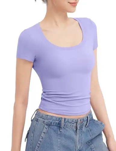 PUMIEY Women's T Shirts Short Sleeve Scoop Neck Basic Going Out Tops Fashion Slim Fit Tee Smoke Cloud Pro Collection 