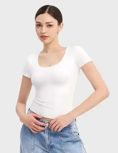 PUMIEY Women's T Shirts Short Sleeve Scoop Neck Basic Going Out Tops Fashion Slim Fit Tee Smoke Cloud Pro Collection - 4
