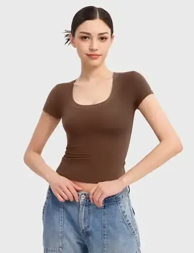 PUMIEY Women's T Shirts Short Sleeve Scoop Neck Basic Going Out Tops Fashion Slim Fit Tee Smoke Cloud Pro Collection - 4