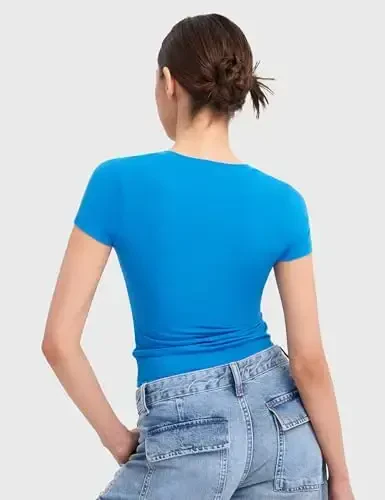 PUMIEY Women's T Shirts Short Sleeve Scoop Neck Basic Going Out Tops Fashion Slim Fit Tee Smoke Cloud Pro Collection - 3