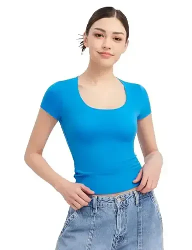 PUMIEY Women's T Shirts Short Sleeve Scoop Neck Basic Going Out Tops Fashion Slim Fit Tee Smoke Cloud Pro Collection - 6