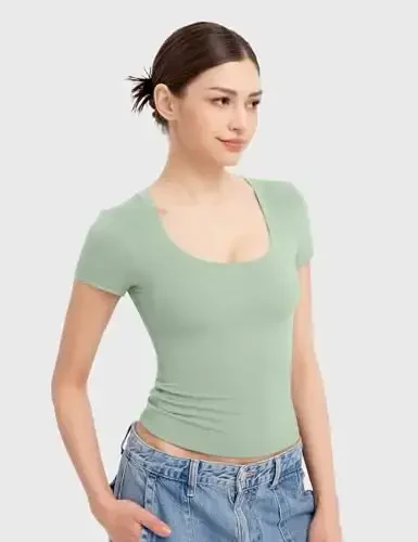 PUMIEY Women's T Shirts Short Sleeve Scoop Neck Basic Going Out Tops Fashion Slim Fit Tee Smoke Cloud Pro Collection - Modazone (1)