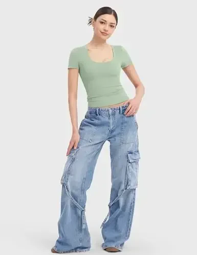 PUMIEY Women's T Shirts Short Sleeve Scoop Neck Basic Going Out Tops Fashion Slim Fit Tee Smoke Cloud Pro Collection - 4