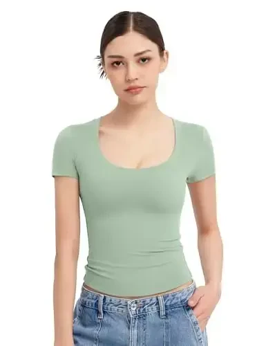 PUMIEY Women's T Shirts Short Sleeve Scoop Neck Basic Going Out Tops Fashion Slim Fit Tee Smoke Cloud Pro Collection - 6