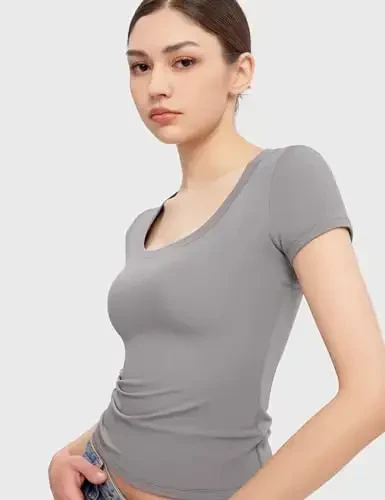 PUMIEY Женские футболки с коротким рукавом, круглым вырезом, базовые топы для выхода в свет, модная облегающая футболка, дымчатое облако, Pro Collection - Modazone (1)