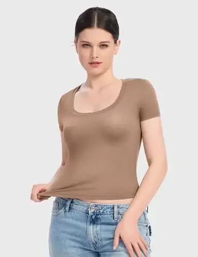PUMIEY Женские футболки с коротким рукавом с круглым вырезом Basic Going Out Tops Fashion Slim Fit Tee Smoke Cloud Pro Collection - 2
