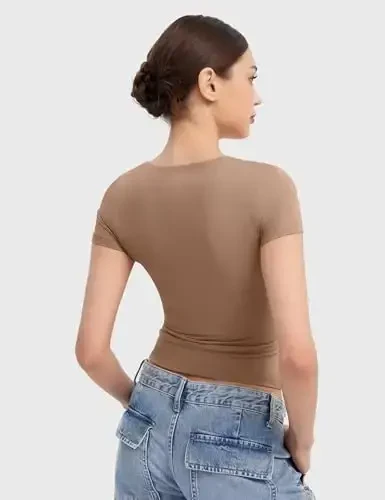 PUMIEY Женские футболки с коротким рукавом с круглым вырезом Basic Going Out Tops Fashion Slim Fit Tee Smoke Cloud Pro Collection - 3