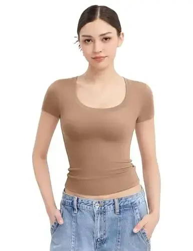 PUMIEY Женские футболки с коротким рукавом с круглым вырезом Basic Going Out Tops Fashion Slim Fit Tee Smoke Cloud Pro Collection - 6