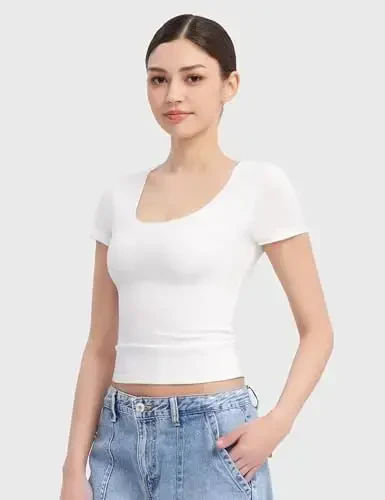 PUMIEY Женские футболки с коротким рукавом с круглым вырезом Basic Going Out Tops Fashion Slim Fit Tee Smoke Cloud Pro Collection - 2