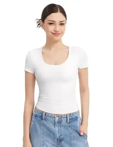 PUMIEY Женские футболки с коротким рукавом с круглым вырезом Basic Going Out Tops Fashion Slim Fit Tee Smoke Cloud Pro Collection - 6