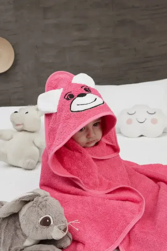 Pupy Bear Cotton Hooded Girl-Boy Newborn Baby Swaddle Towel Embroidered Fuchsia 100x100cm-Fuchsia - 2