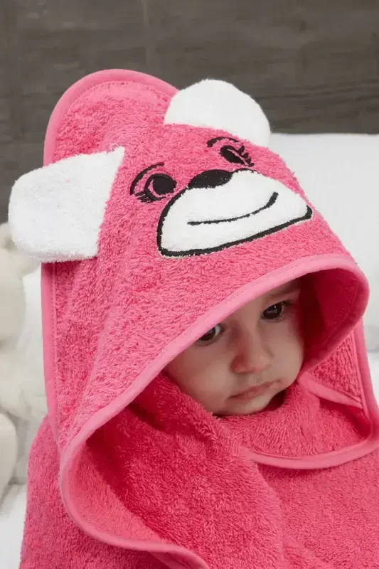 Pupy Bear Cotton Hooded Girl-Boy Newborn Baby Swaddle Towel Embroidered Fuchsia 100x100cm-Fuchsia - 4