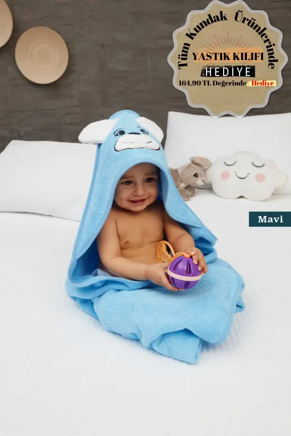 Pupy Bear Cotton Hooded Unisex Newborn Baby Swaddle Towel Embroidered Blue 100x100cm - 1