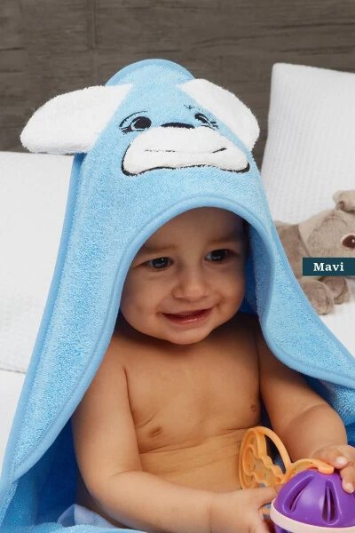 Pupy Bear Cotton Hooded Unisex Newborn Baby Swaddle Towel Embroidered Blue 100x100cm - 4