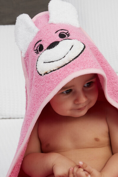 Pupy Bear Cotton Hooded Unisex Newborn Baby Swaddle Towel Embroidered Pink 100x100cm - 4