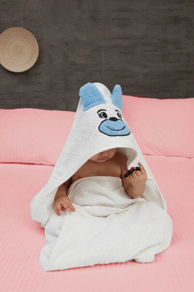 Pupy Bear Cotton Hooded Unisex Newborn Baby Swaddle Towel Embroidered White 100x100cm - MISLINA HOME