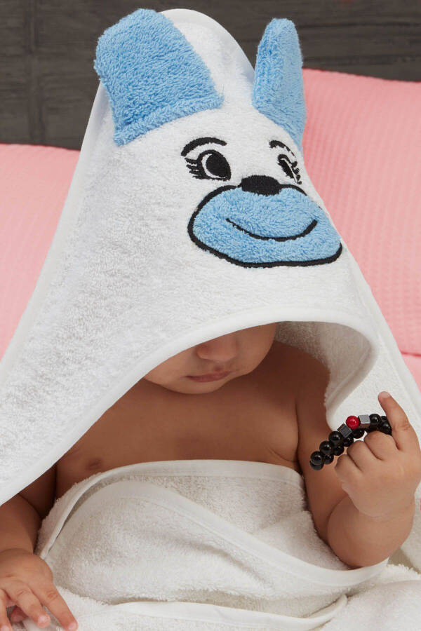 Pupy Bear Cotton Hooded Unisex Newborn Baby Swaddle Towel Embroidered White 100x100cm - 3