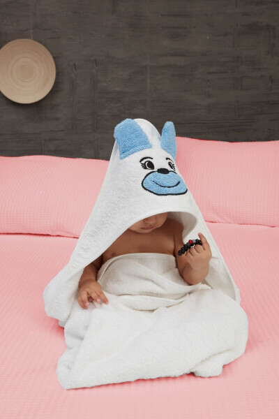 Pupy Bear Cotton Hooded Unisex Newborn Baby Swaddle Towel Embroidered White 100x100cm - 3