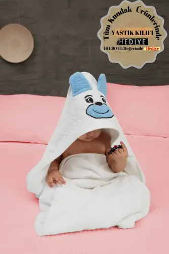 Pupy Bear Cotton Hooded Unisex Newborn Baby Swaddle Towel Embroidered White 100x100cm 