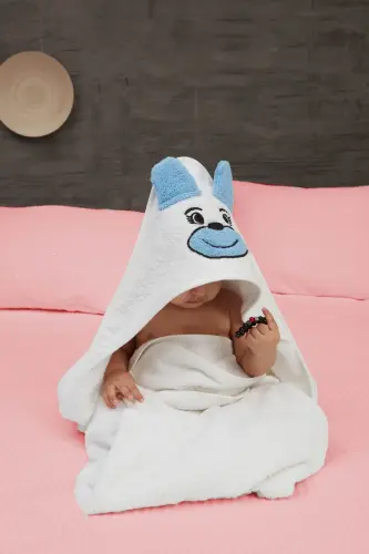 Pupy Bear Cotton Hooded Unisex Newborn Baby Swaddle Towel Embroidered White 100x100cm - 4