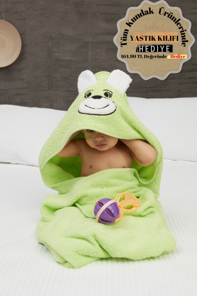 Pupy Bear Cotton Hooded Unisex Newborn Baby Swaddle Towel with Embroidery Green 100x100cm - MISLINA HOME