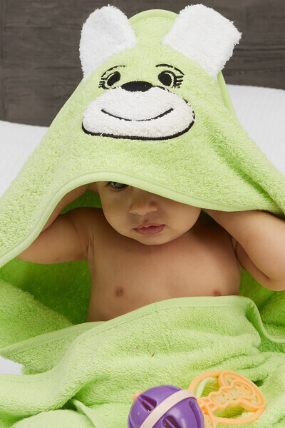 Pupy Bear Cotton Hooded Unisex Newborn Baby Swaddle Towel with Embroidery Green 100x100cm - 4