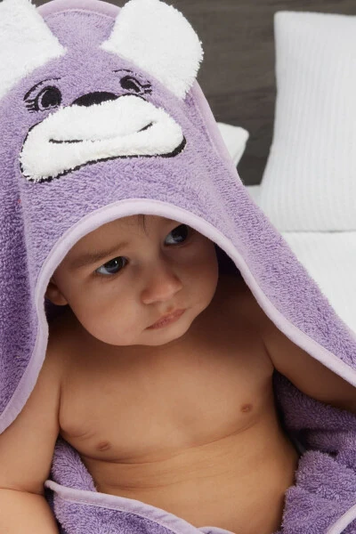 Pupy Bear Cotton Hooded Unisex Newborn Baby Swaddle Towel with Embroidery Lilac 100x100cm - 4