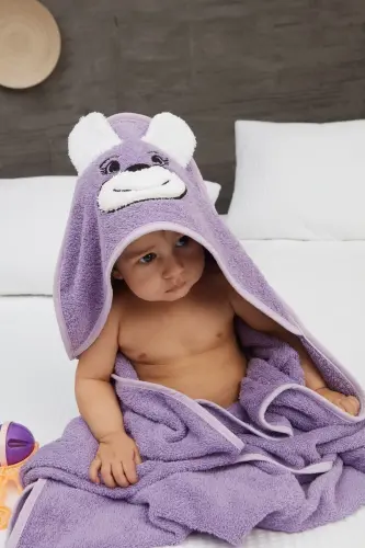 Pupy Bear Cotton Hooded Unisex Newborn Baby Swaddle Towel with Embroidery Lilac 100x100cm - 4
