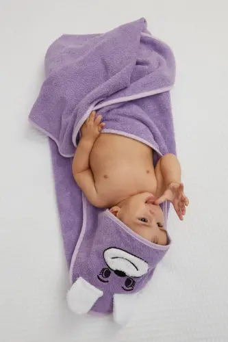 Pupy Bear Cotton Hooded Unisex Newborn Baby Swaddle Towel with Embroidery Lilac 100x100cm - 5