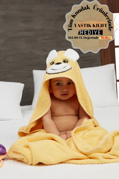Pupy Bear Cotton Hooded Unisex Newborn Baby Swaddle Towel with Embroidery Yellow 100x100cm - MISLINA HOME