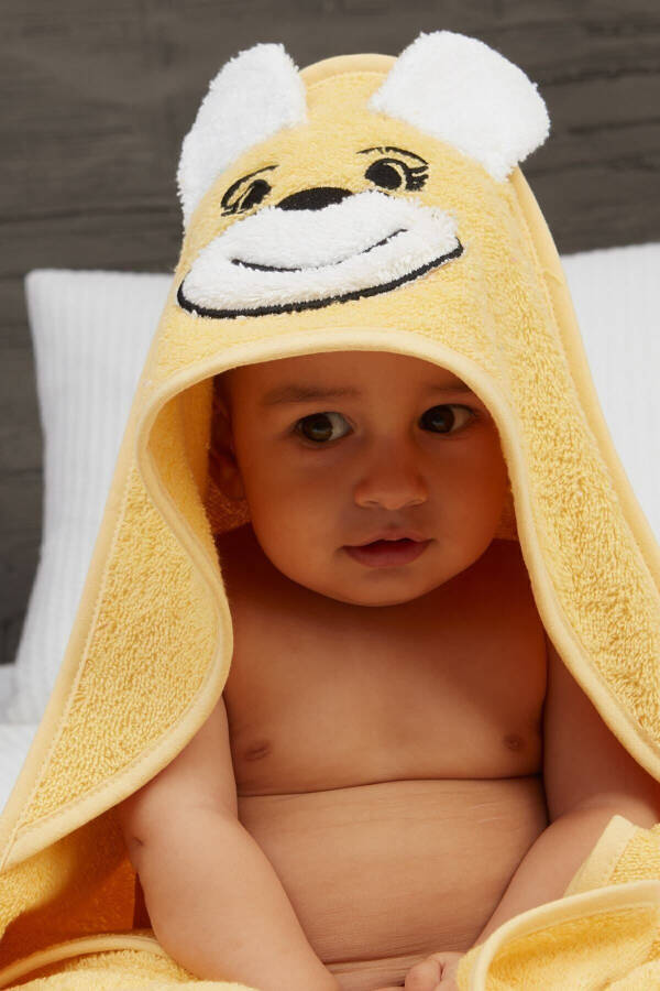 Pupy Bear Cotton Hooded Unisex Newborn Baby Swaddle Towel with Embroidery Yellow 100x100cm - 4