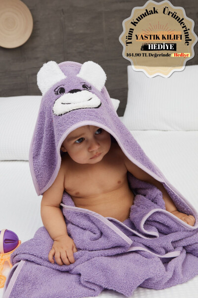 Pupy Bear Pamuklu Kapşonlu Kız-erkek Yenidoğan Bebek Kundak Havlusu Nakış Işlemeli Lila 100x100cm-Lila 