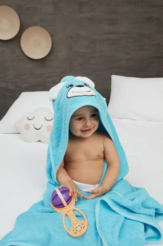 Pupy Bear Pamuklu Kapşonlu Kız-erkek Yenidoğan Bebek Kundak Havlusu Nakış Işlemeli Turkuaz 100x100cm - Turkuaz - 1