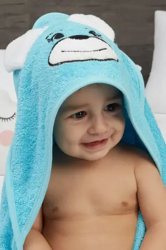 Pupy Bear Pamuklu Kapşonlu Kız-erkek Yenidoğan Bebek Kundak Havlusu Nakış Işlemeli Turkuaz 100x100cm - Turkuaz - 3