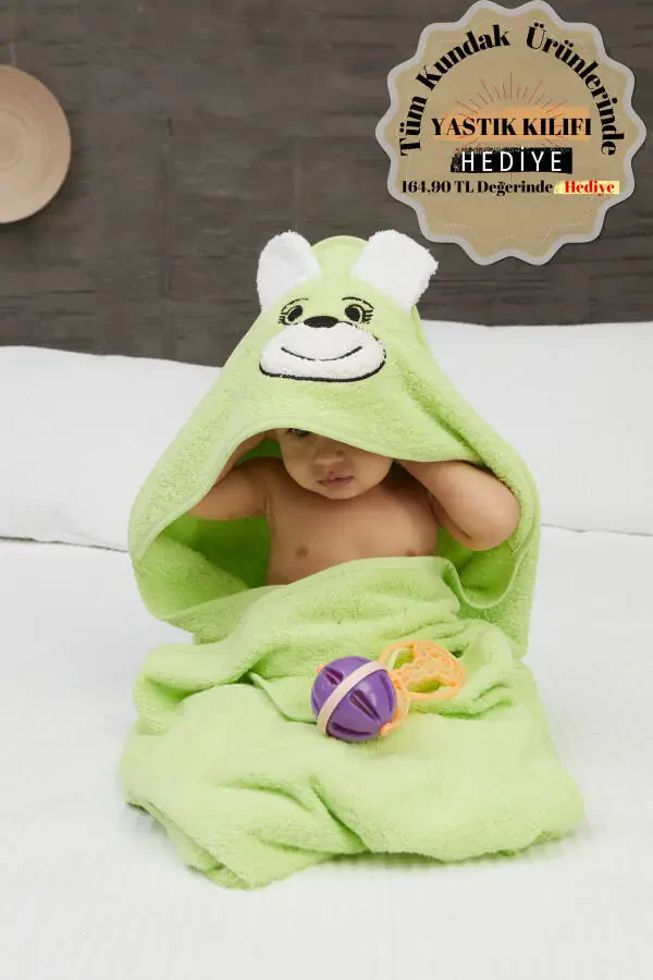 Pupy Bear Pamuklu Kapşonlu Kız-erkek Yenidoğan Bebek Kundak Havlusu Nakış Işlemeli Yeşil 100x100cm-Yeşil - 1