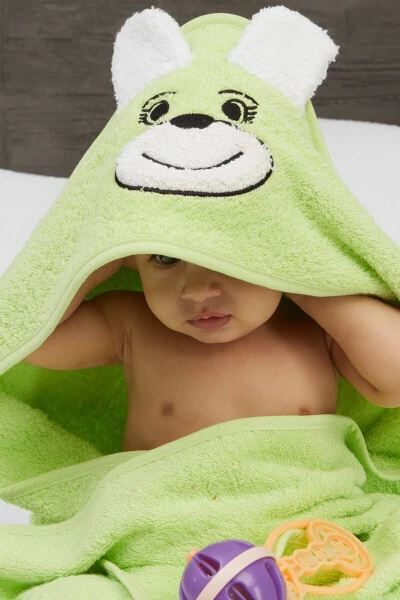 Pupy Bear Pamuklu Kapşonlu Kız-erkek Yenidoğan Bebek Kundak Havlusu Nakış Işlemeli Yeşil 100x100cm-Yeşil - 4